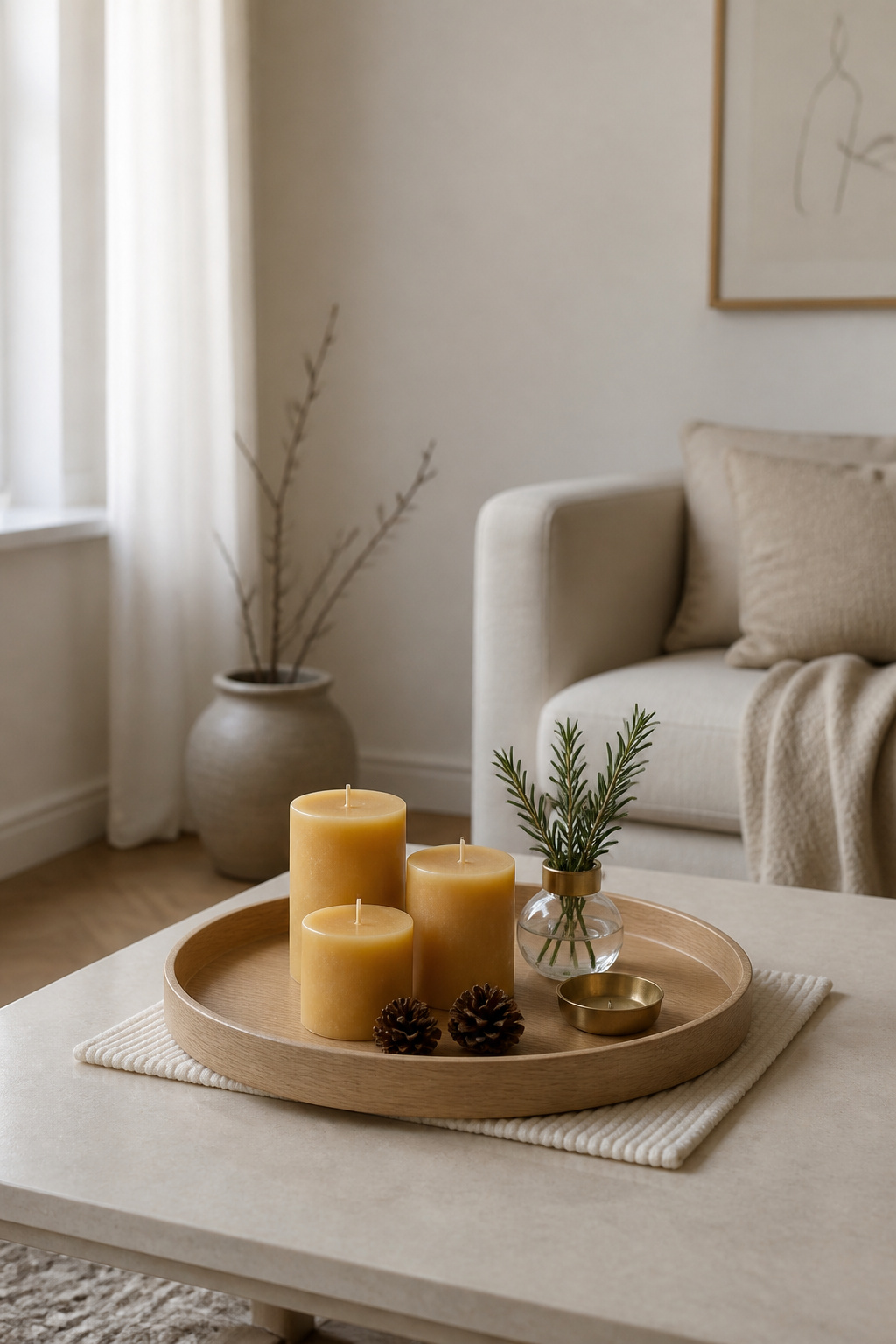 A round oak tray on a pale coffee table with a cluster of three beeswax candles, a rosemary sprig in a brass-collared vase, and two pine cones — winter hygge coffee table decor arrangement