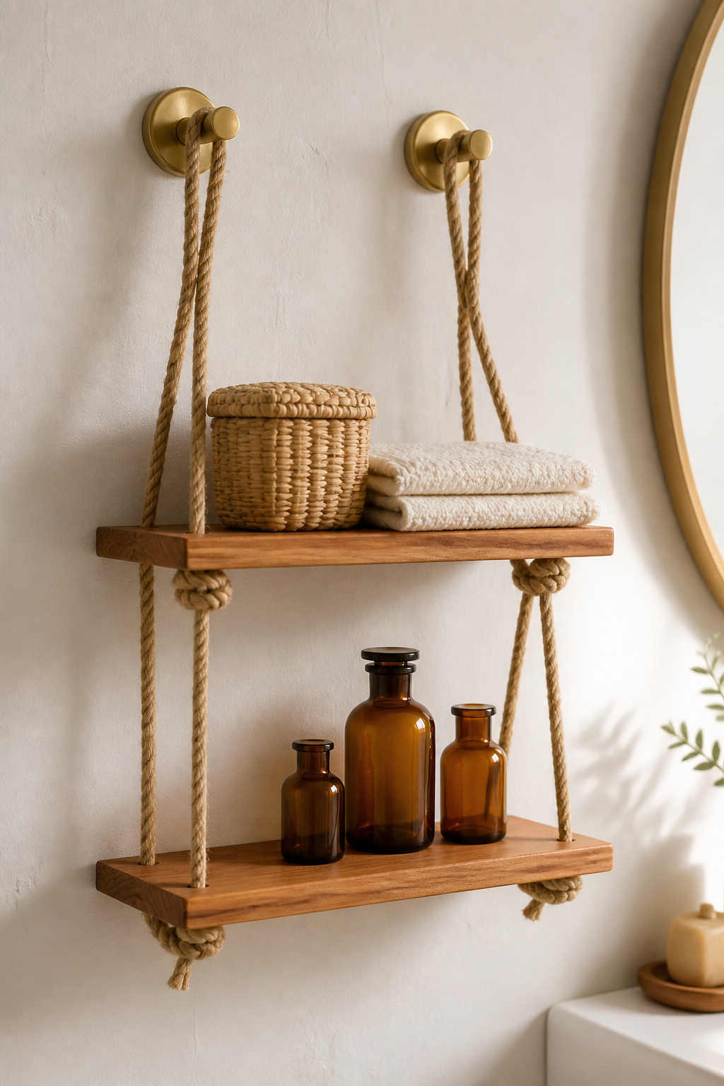 Two-tier DIY wood-and-rope floating shelf in cedar with Manila rope threading through drilled holes, hung in a white boho bathroom