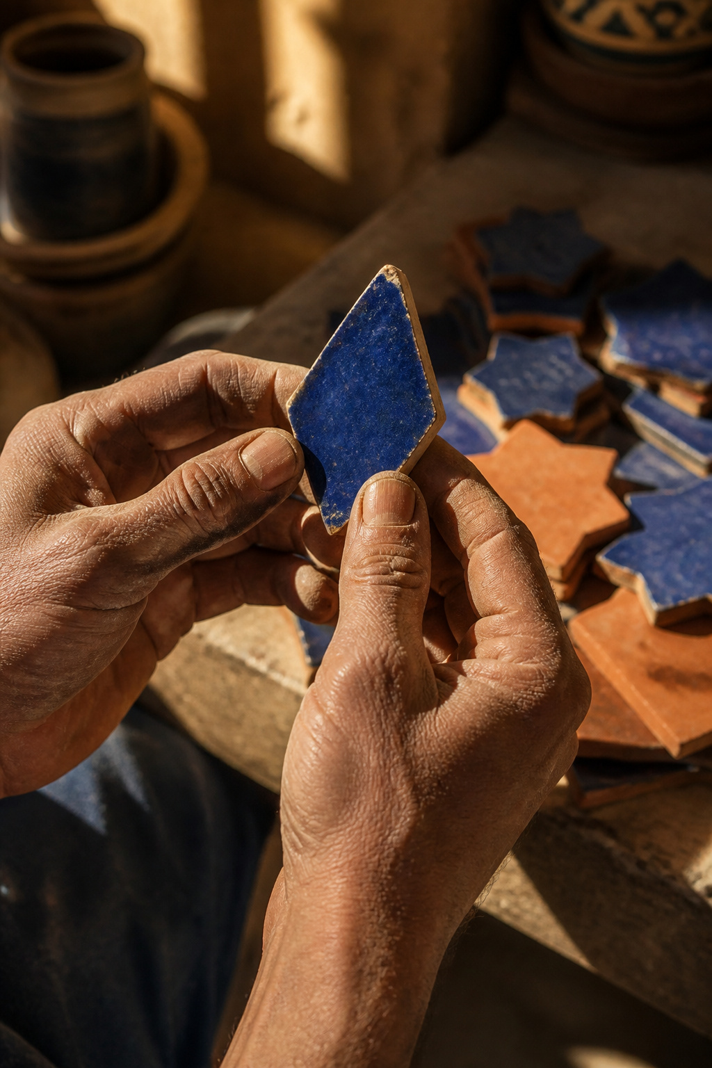 Artisan hands holding a hand-chiselled cobalt zellige tile in a Moroccan workshop, warm afternoon light, pile of finished tiles in background