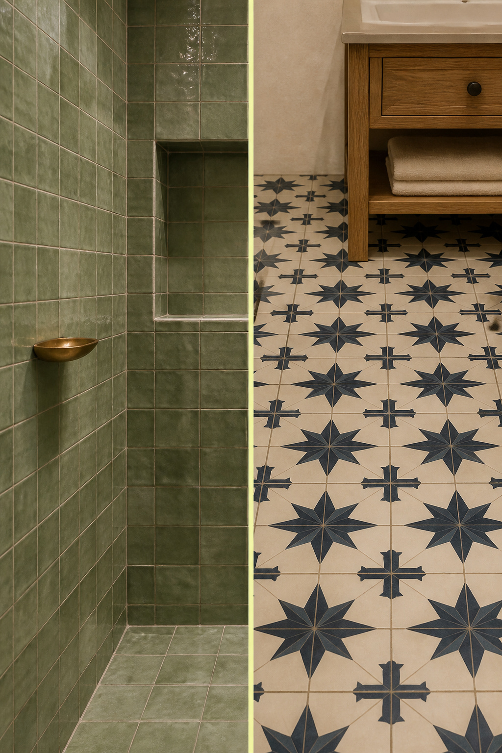 Side-by-side comparison of sage-green zellige bathroom niche tiles and Moroccan patterned cement tile floor in navy and cream