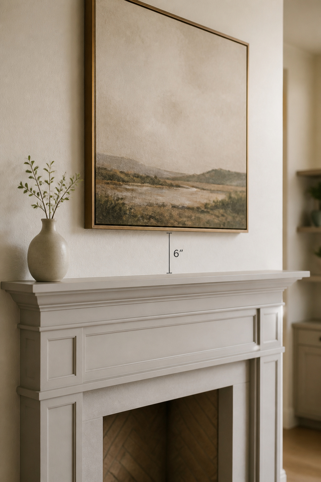 Painted wood fireplace surround with a framed artwork above the mantel, showing the 6-inch clearance gap between shelf and frame bottom