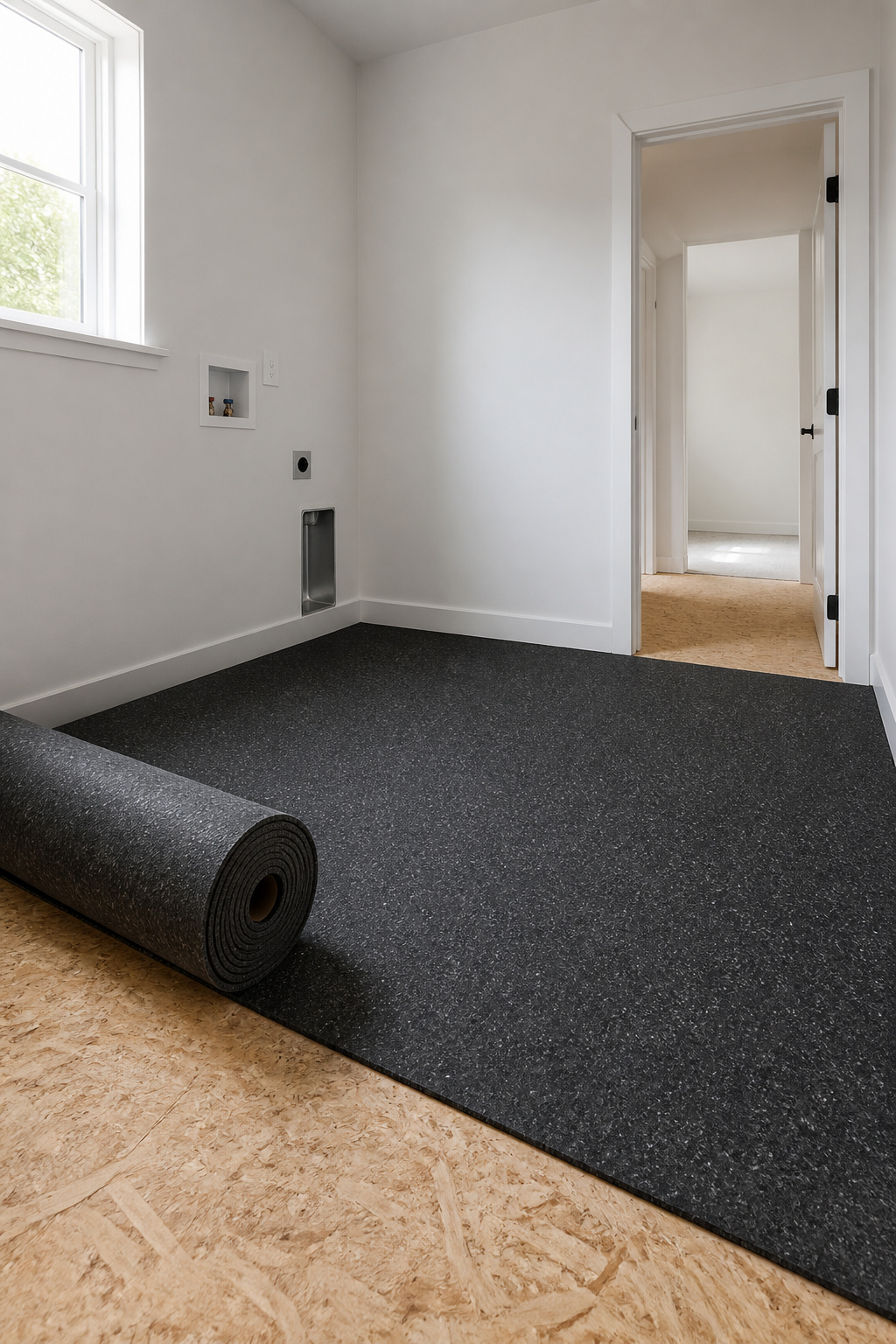 Charcoal rubber acoustic underlayment partially unrolled over laundry room subfloor during installation