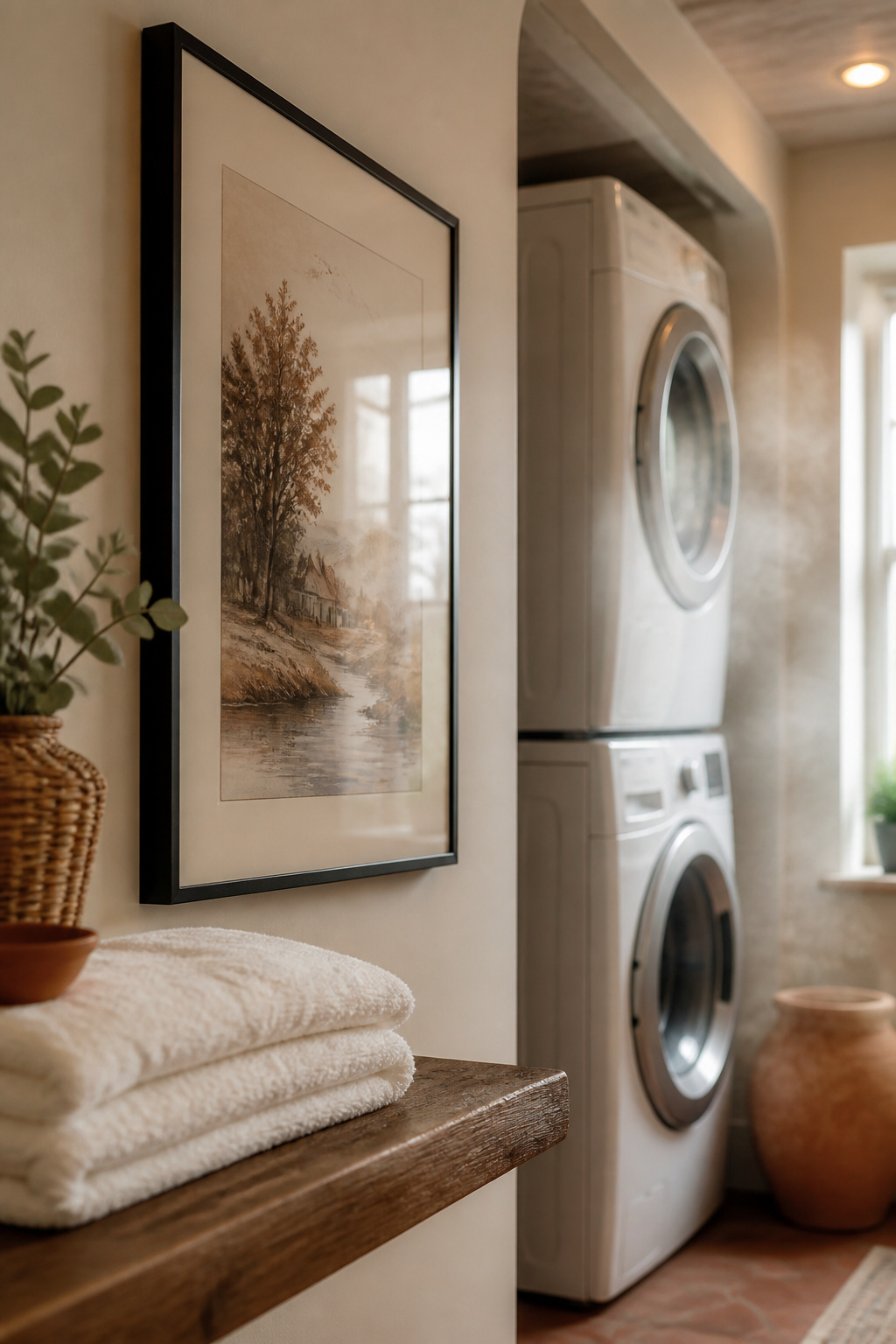 Black metal-framed print with acrylic glazing hung beside a stacked washer and dryer, positioned clear of steam and splash