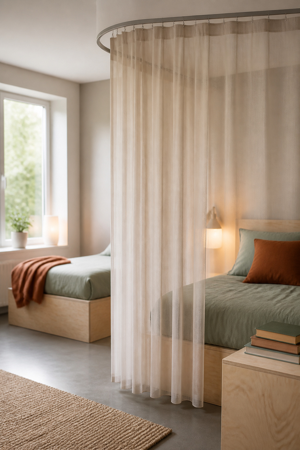 A sheer privacy curtain drawn partway around one twin bed while a second bed nearby remains fully open, showing added bedside privacy as a shared room's occupants get older
