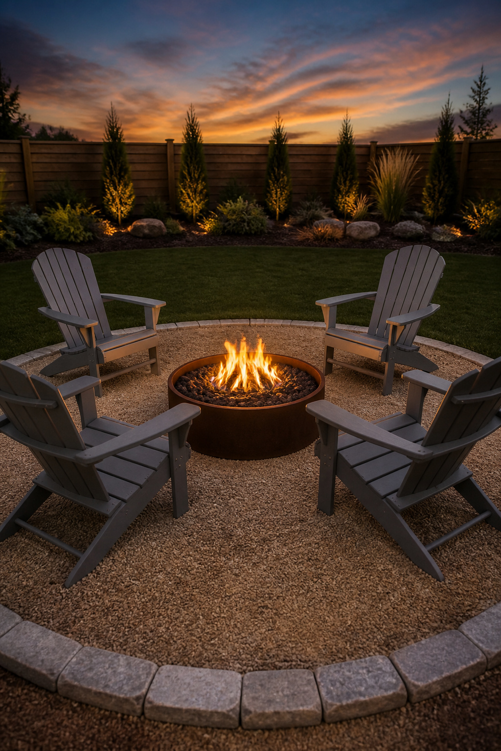 Four gray HDPE Adirondack chairs arranged in a circle at equal spacing around a 36-inch corten steel fire pit on decomposed granite