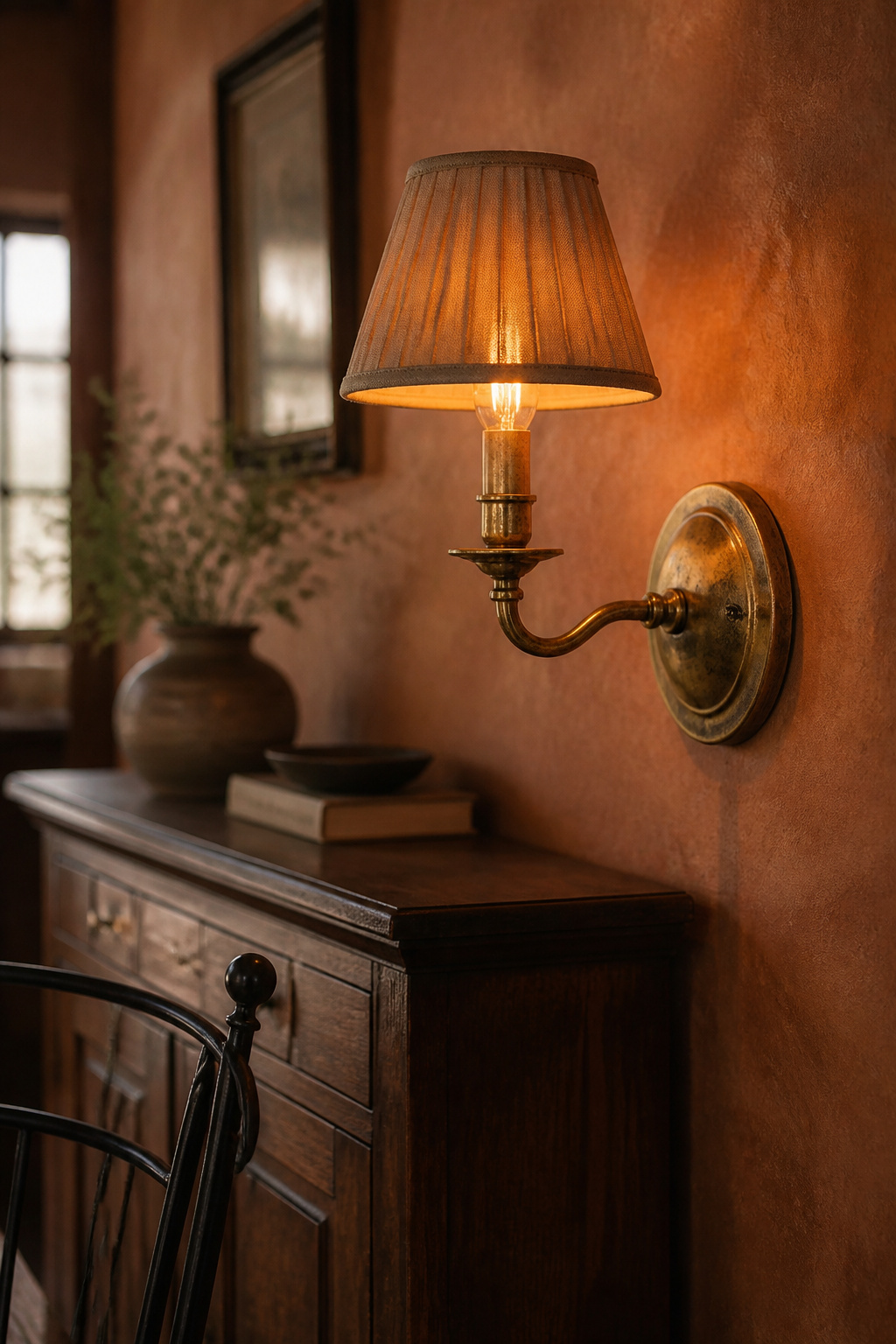Aged brass wall sconce with pleated linen shade beside a dark walnut vintage sideboard, with matte black chair leg accent in an eclectic terracotta dining room