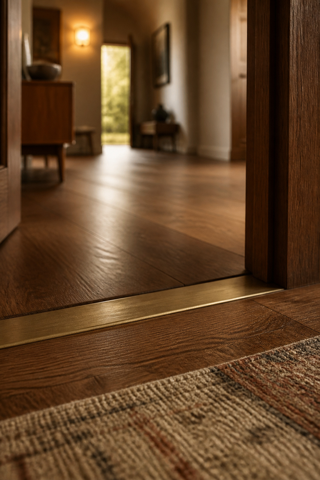 Slim aged brass threshold strip set flush at a doorway where two levels of walnut flooring meet