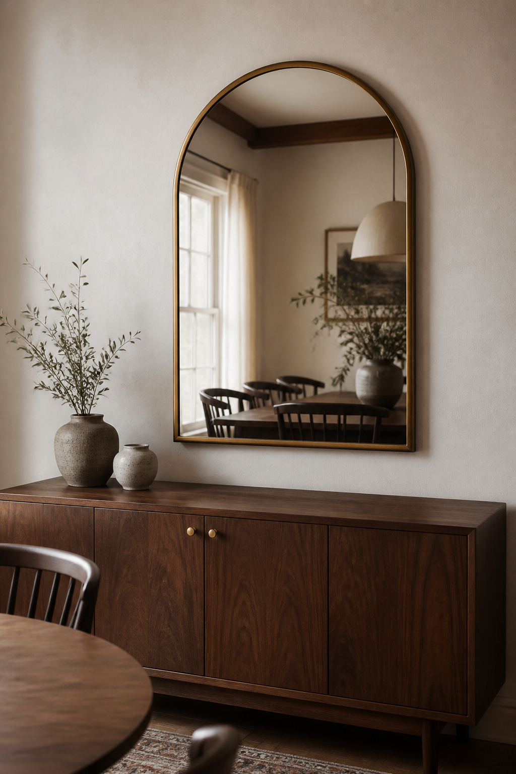 Aged brass arched mirror mounted opposite a window in a small eclectic dining room, reflecting light and creating the illusion of greater depth