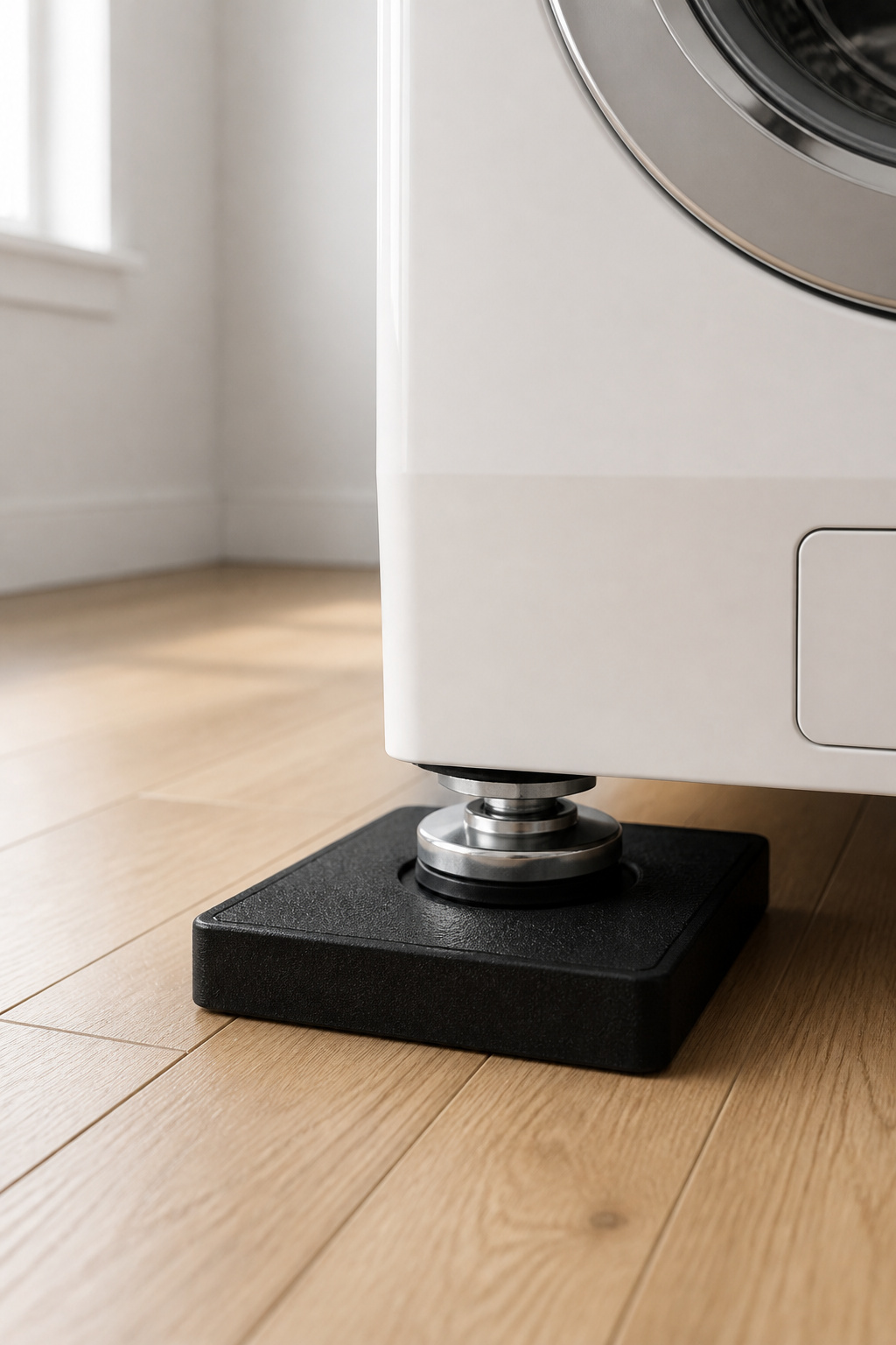 Thick black rubber anti-vibration pad under washing machine foot on hardwood floor