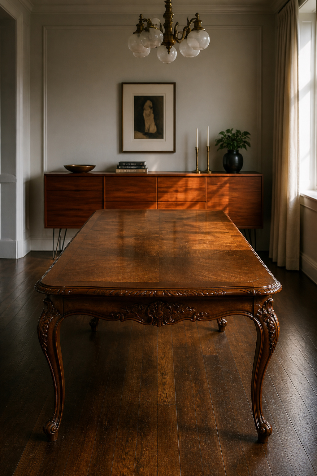 Ornate Victorian walnut dining table paired with a clean-lined mid-century modern teak credenza in an eclectic dining room