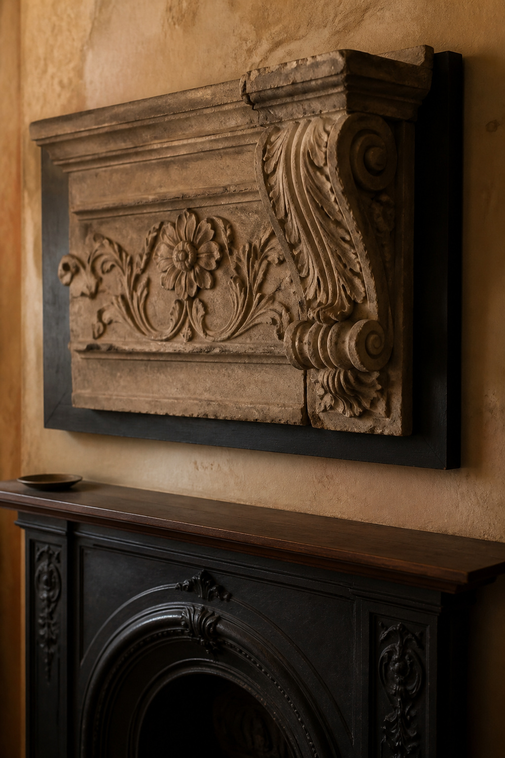 Carved stone architectural salvage panel above a Victorian cast-iron fireplace insert, lit to show the relief carving depth