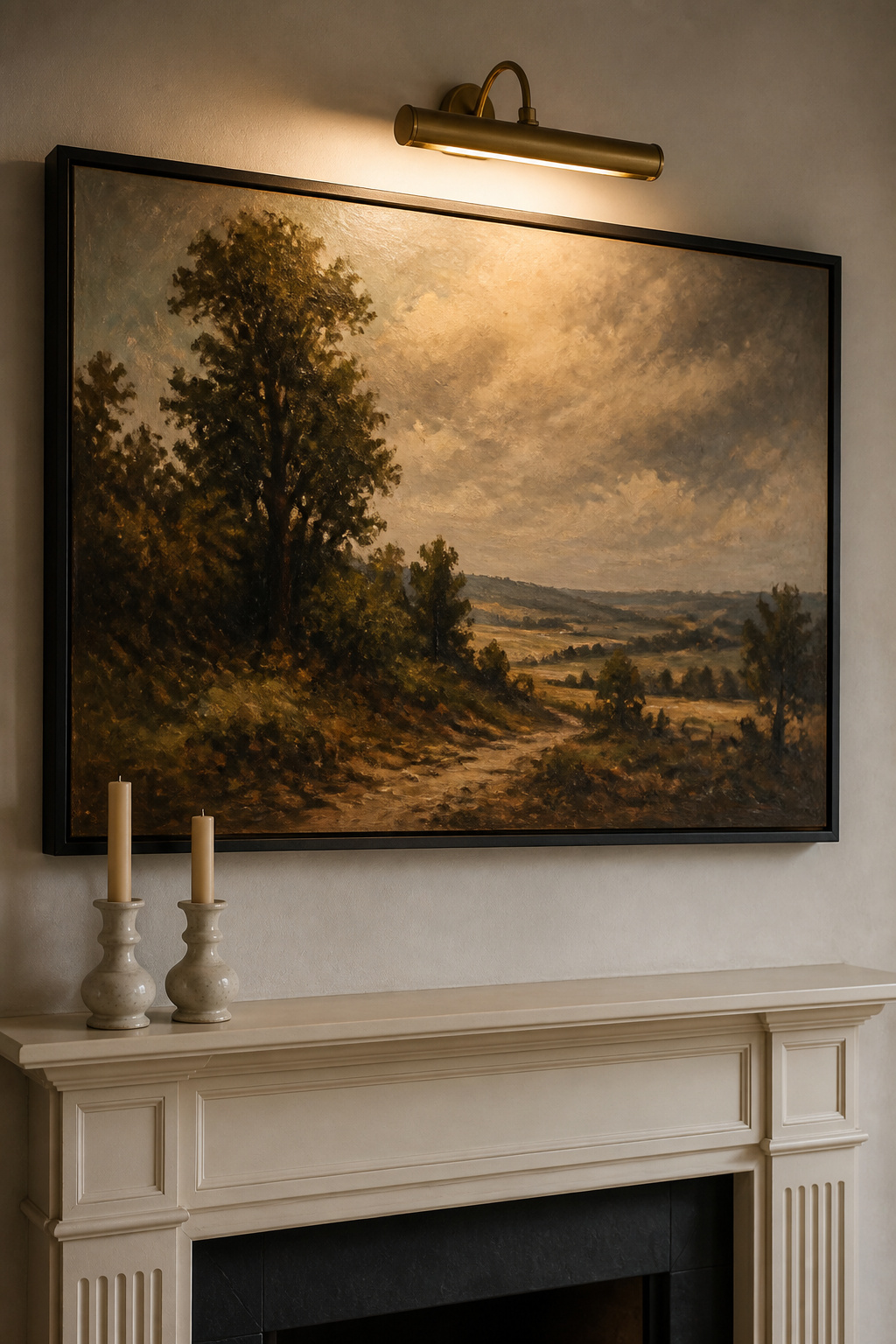 Single large landscape-format oil painting in a dark frame above a cream painted-wood fireplace mantel, lit by a picture light