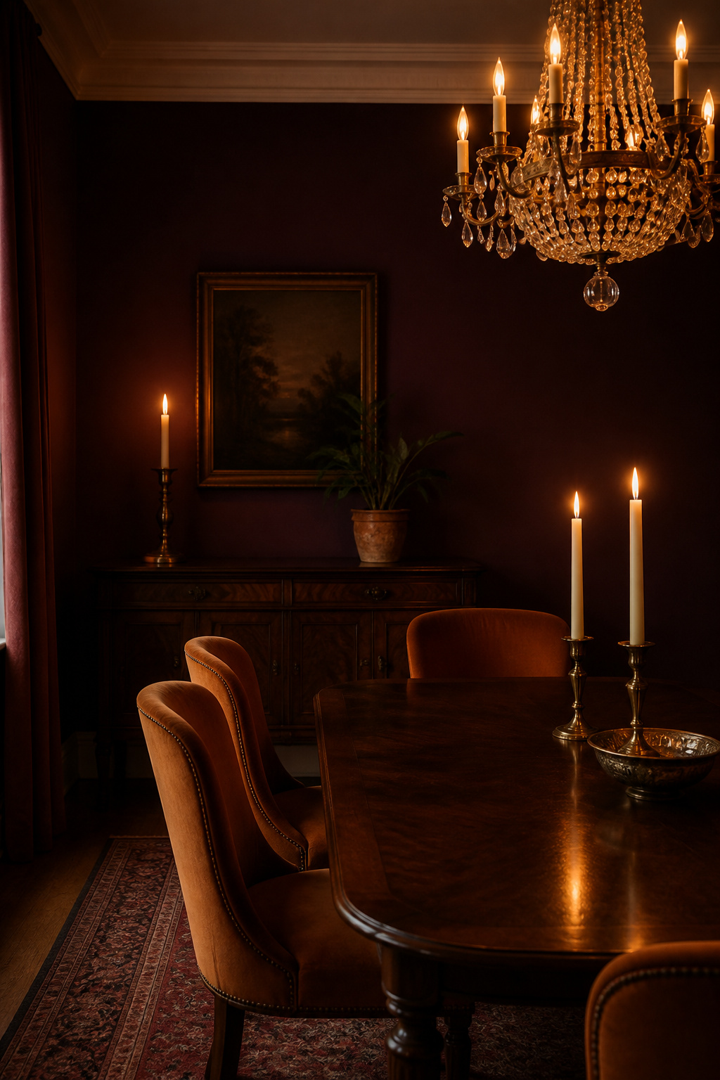 Moody dining room with aubergine-plum matte walls, brass chandelier and candlelight, velvet chairs and dark walnut sideboard