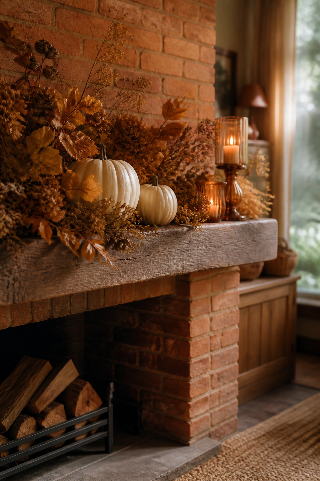 Timber mantel on warm red-orange brick fireplace with autumn foliage, two white pumpkins and amber glass candleholders for seasonal decorating