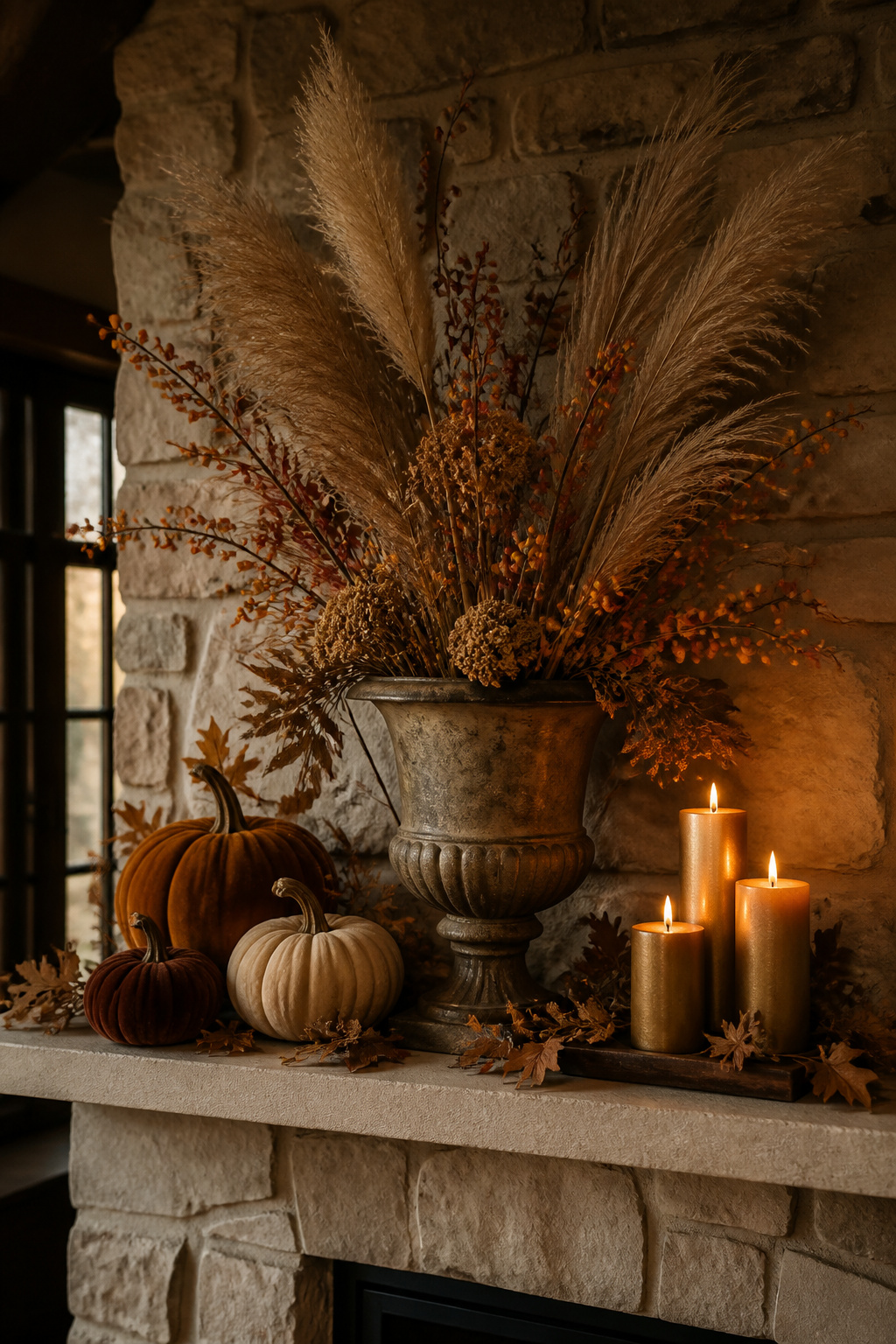 Autumn fireplace mantel with dried pampas in an antique urn, velvet pumpkins in amber and rust, and brass pillar candles — warm flickering light, stone surround