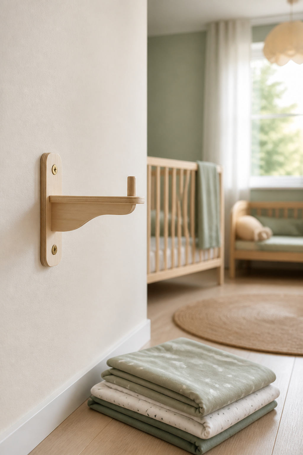 An anti-tip anchor bracket fixed into a wall stud on an empty wall reserved for furniture added later