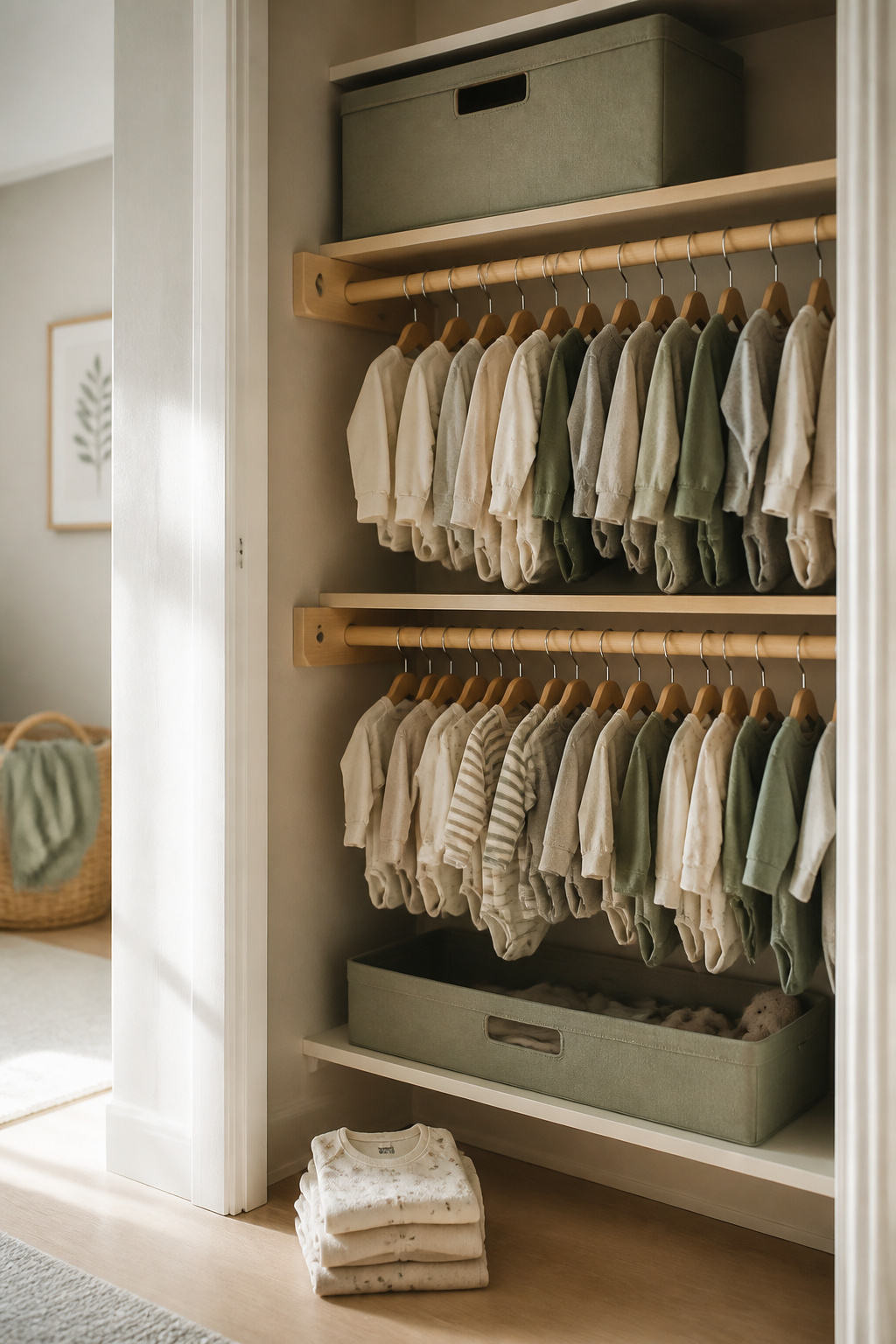 A reach-in closet split between a high closed bin for infant supplies and a low open bin beneath a low-mounted rod