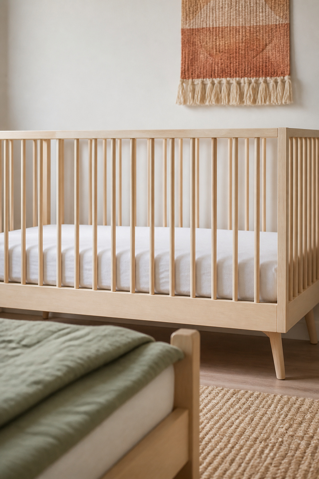 A birch crib with a bare mattress and fitted sheet placed away from the window, sharing a bright bedroom with a toddler bed