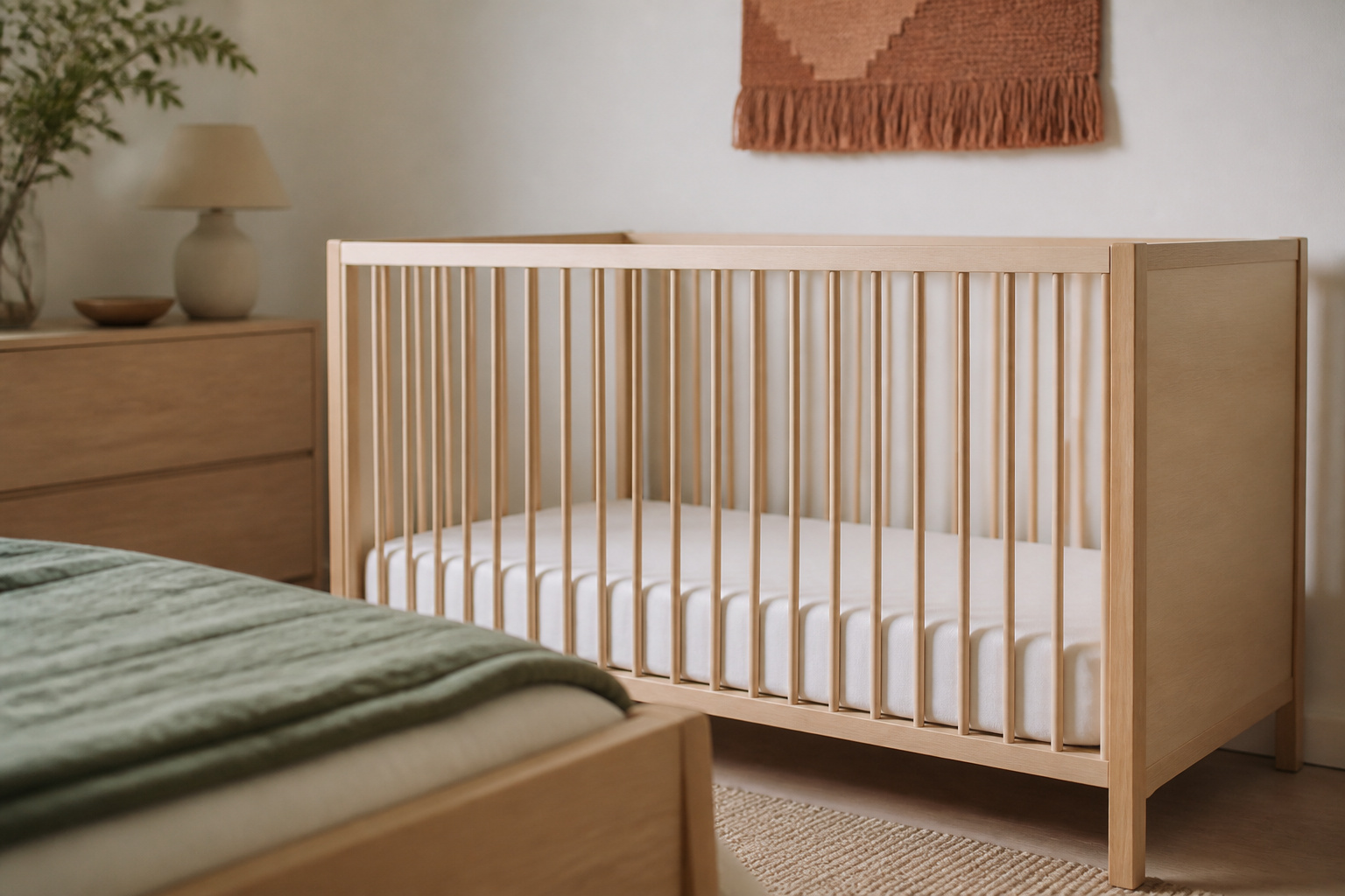 A birch crib with a bare mattress and fitted sheet placed away from the window, sharing a bright bedroom with a toddler bed
