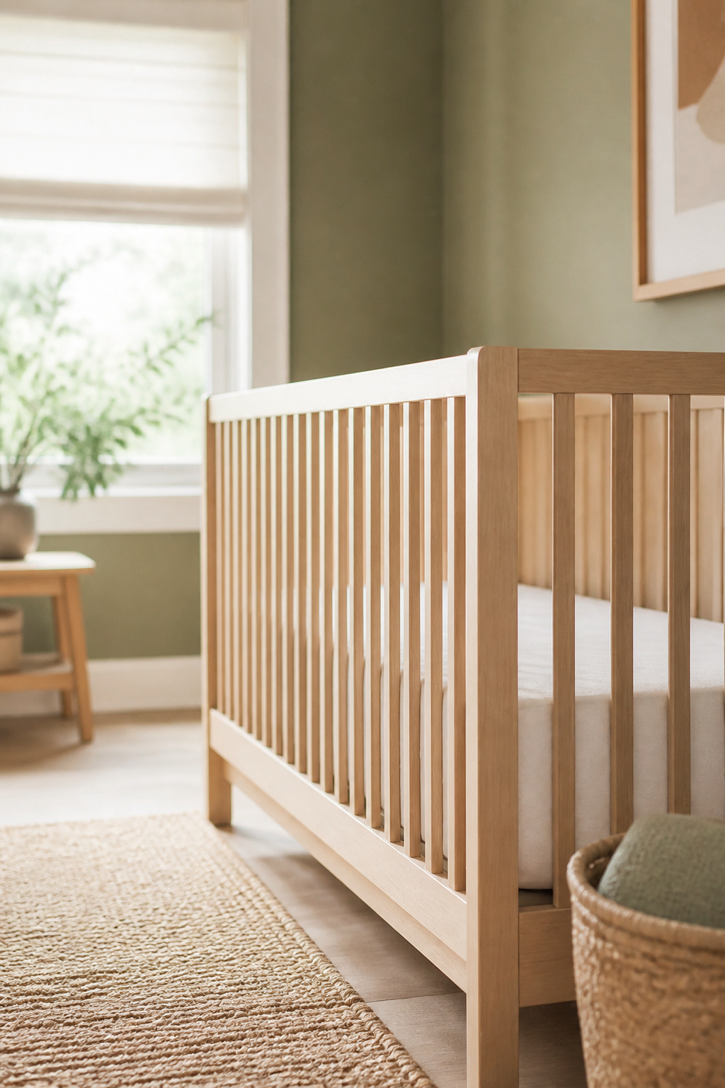 Birch crib with a bare mattress and fitted sheet placed against an interior wall, well clear of a window fitted with a cordless shade