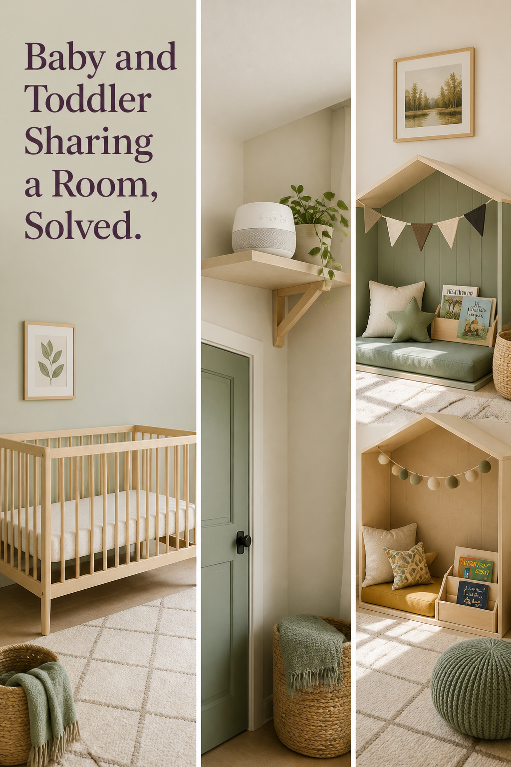 Pinterest collage showing a safe crib placement, a white-noise machine placed away from the crib, and two separate wind-down nooks for a baby and toddler sharing a room