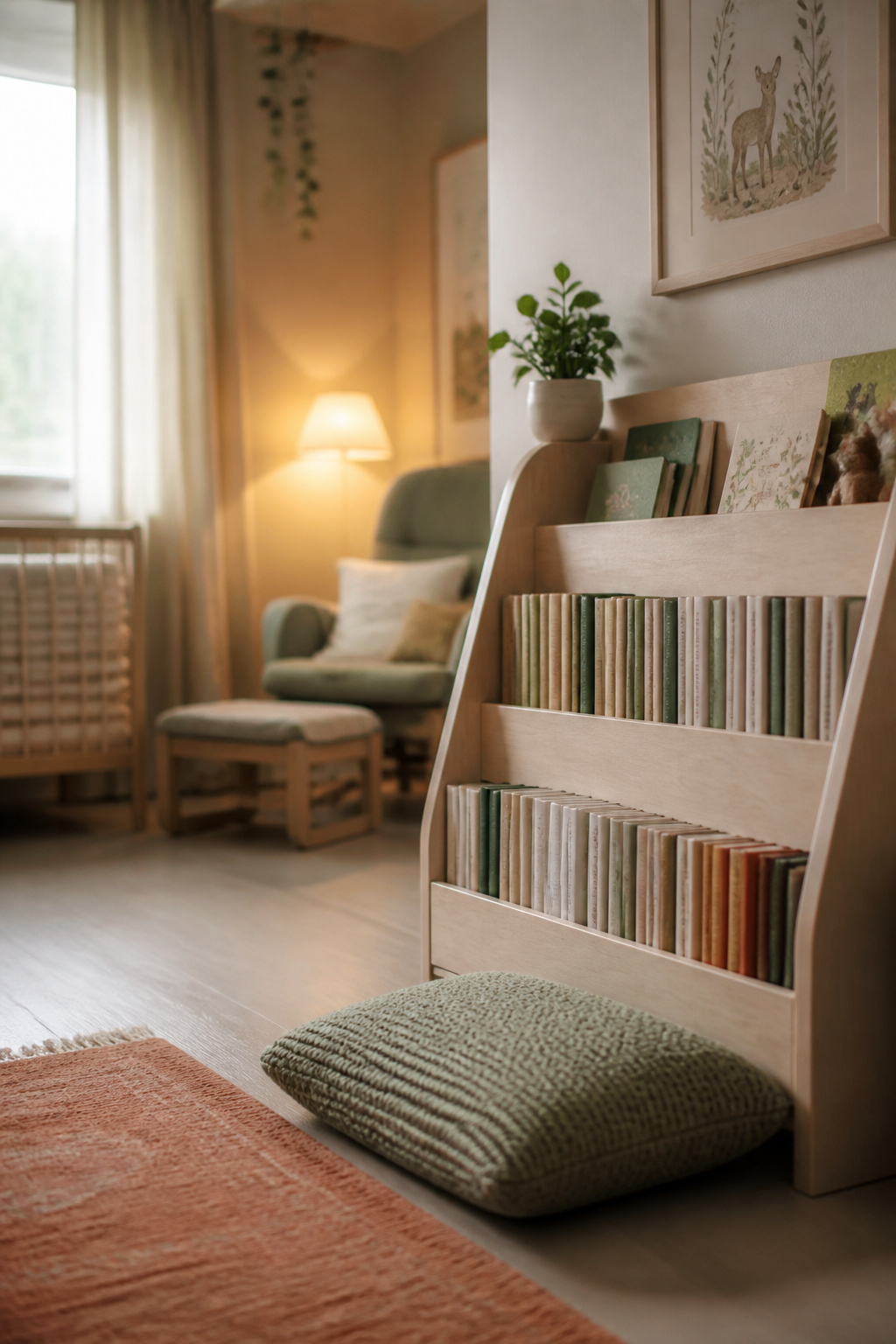 A low toddler reading nook with a birch bookshelf near a glider chair beside the crib, set up for two separate bedtime routines