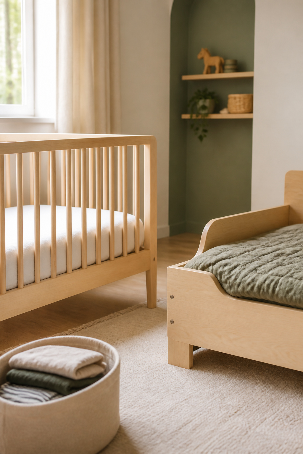 A crib with a bare mattress and fitted sheet beside a toddler bed with a folded quilt, sharing one bright bedroom