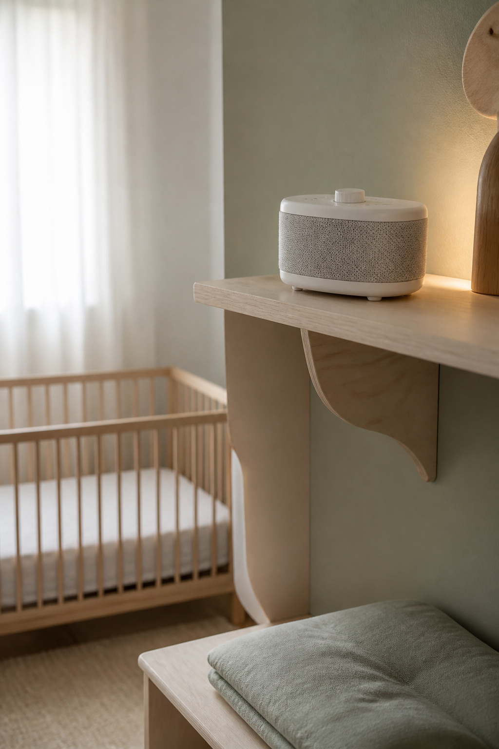 A white-noise machine on a high shelf across the room from a crib with a bare mattress and fitted sheet