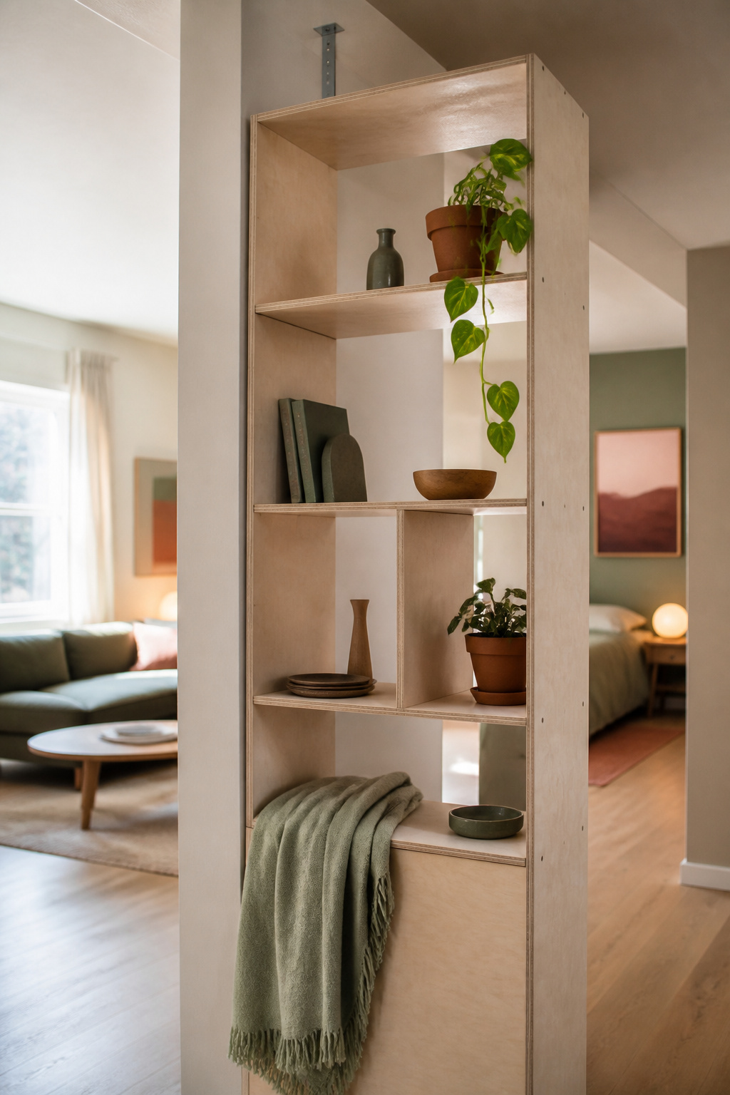 Birch open shelving unit positioned back-to-back as a divider between two sides of a shared bedroom, with a visible anchor strap