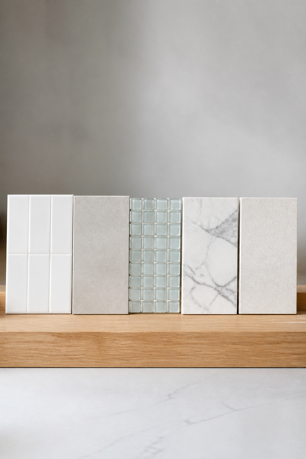 Five backsplash material swatches in a row — ceramic, porcelain, glass, marble, and quartz — displayed for comparison