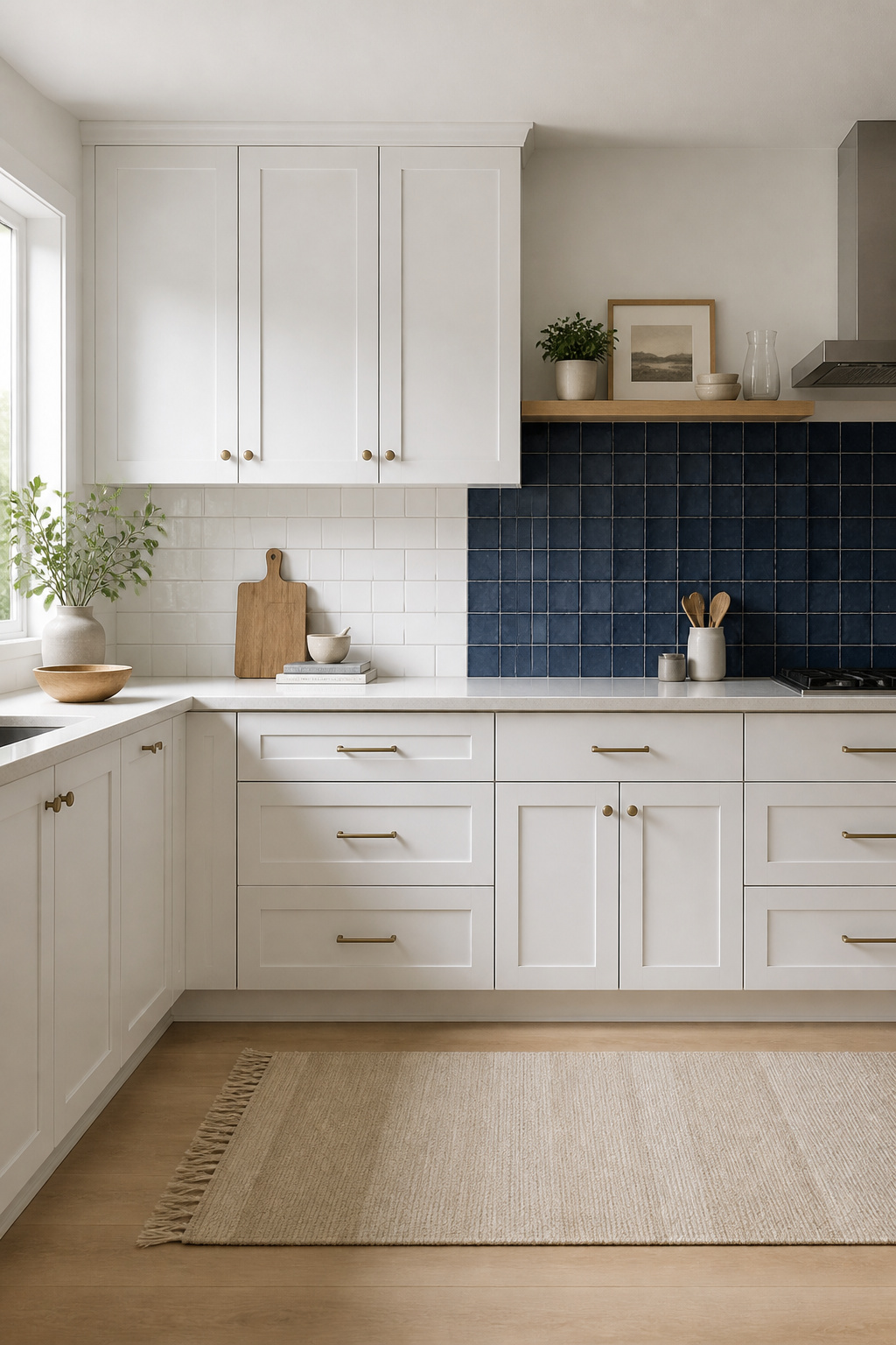 White kitchen showing two backsplash options side by side — flat white subway tile versus rich navy contrast tile — to illustrate the pairing decision with white cabinets