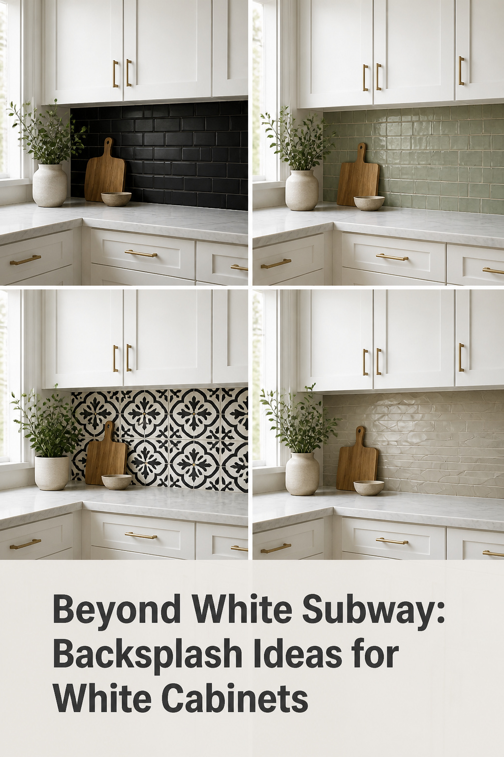 Pinterest collage showing four backsplash pairings with white kitchen cabinets: black subway, sage green, arabesque pattern, and textured greige