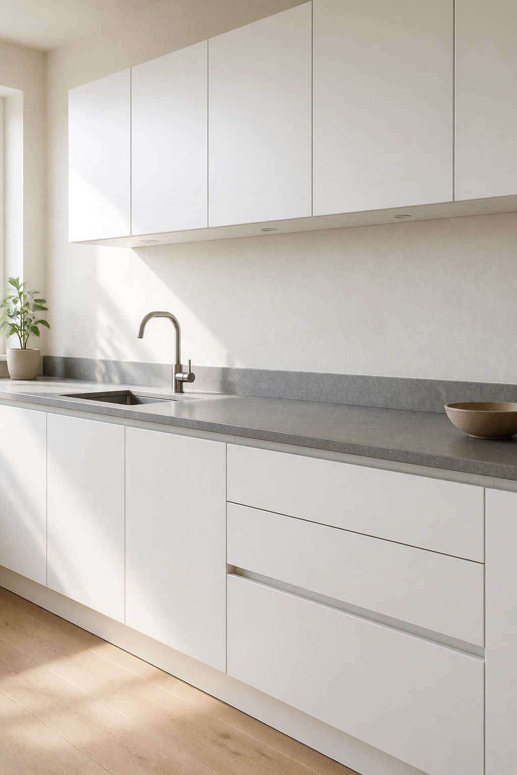 Minimalist kitchen with a 4-inch standard backsplash showing the wall above is a deliberate design choice, not an unfinished look