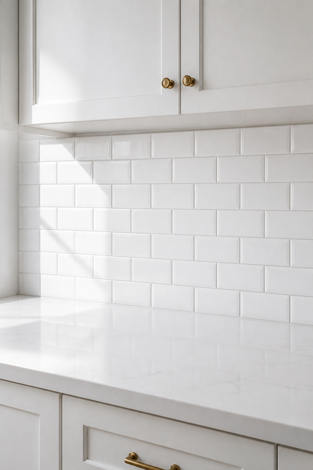 Full-height kitchen backsplash in white subway tile running from countertop to upper cabinets, approximately 18 inches