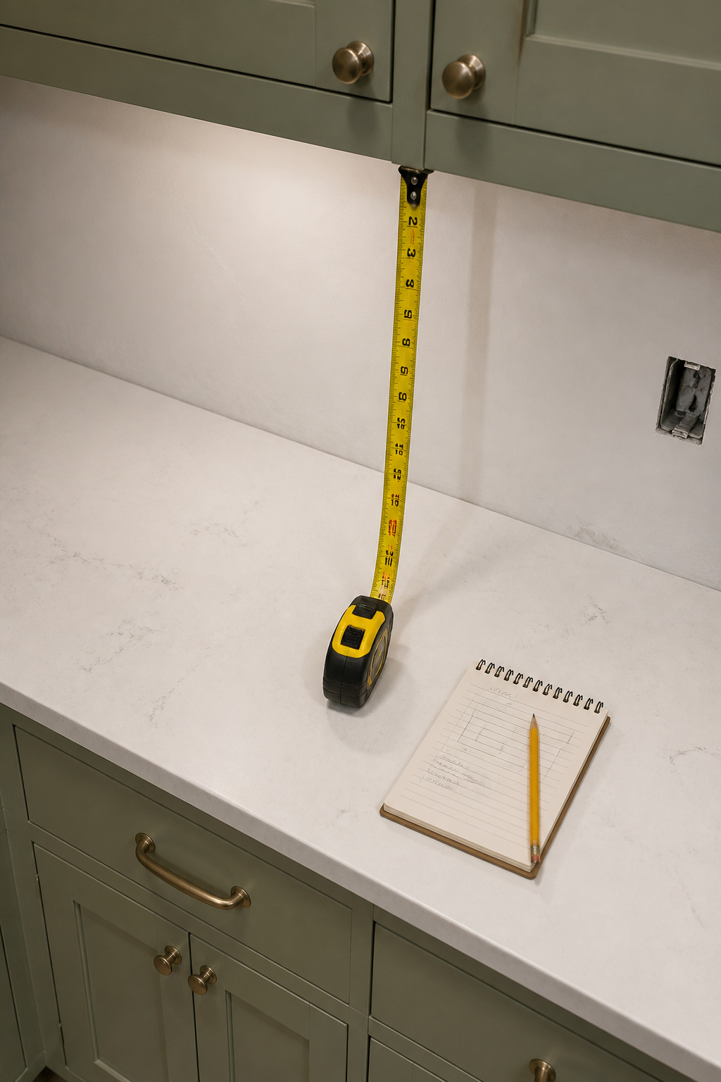 Kitchen counter-to-cabinet gap being measured with a tape measure showing 18 inches — the first step in choosing backsplash height