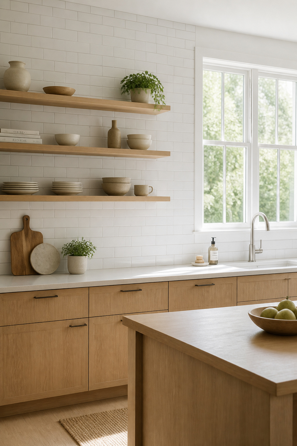 Kitchen with open shelving and a backsplash running from countertop to ceiling behind the shelves, with a window above the sink integrated into the design