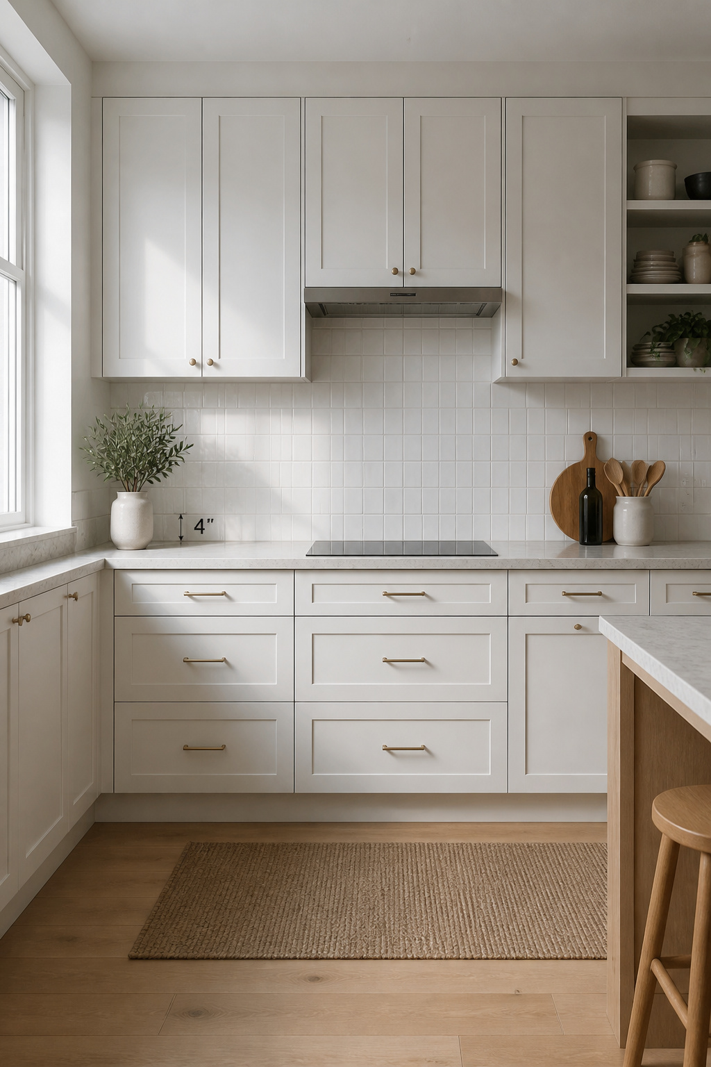Kitchen showing the height difference between a 4-inch standard backsplash and a full-height tile backsplash reaching upper cabinets