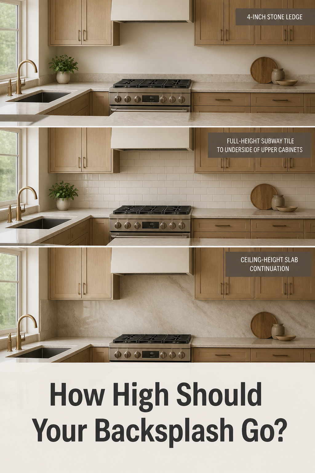 Pinterest collage comparing three kitchen backsplash heights: 4-inch standard, full-height to cabinets, and ceiling-height slab