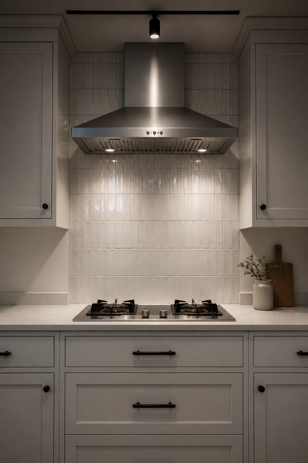 Kitchen stove wall with full-height white ceramic tile from countertop to range hood, flanked by cabinetry, with a standard 4-inch quartz ledge on the adjacent counter wall