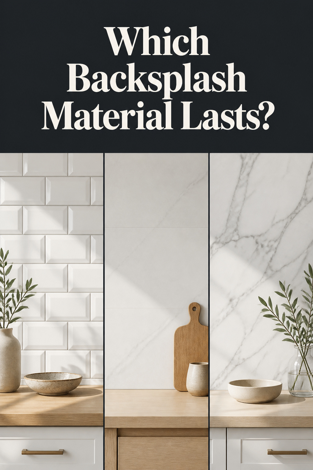 Pinterest pin comparing ceramic, porcelain, and marble backsplash tile materials