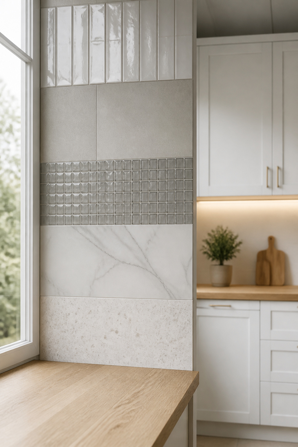 Five backsplash tile material types displayed in a modern kitchen — ceramic, porcelain, glass, marble, and quartz slab