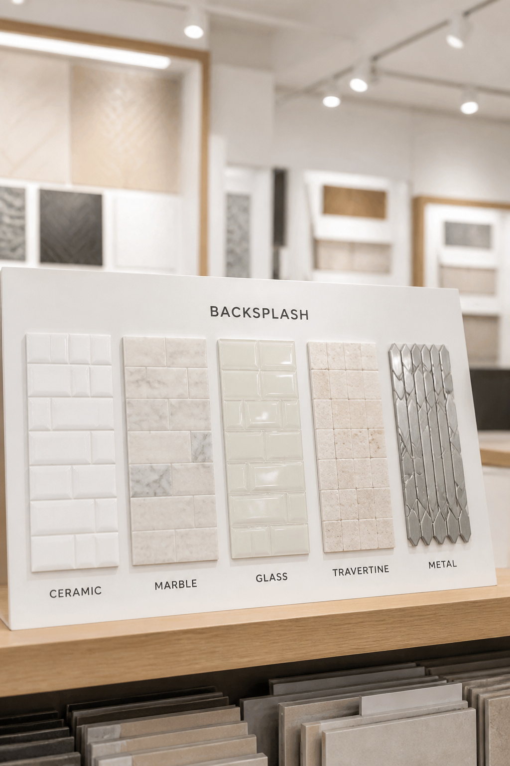 Five backsplash tile material samples displayed on a white showroom board in identical lighting