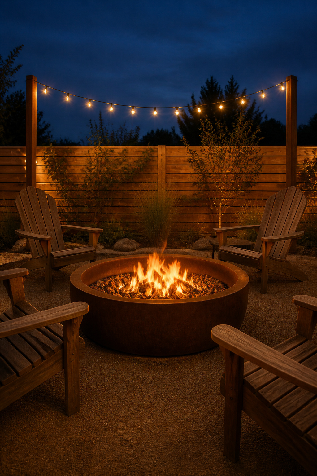 Corten steel fire pit glowing at dusk surrounded by four Adirondack chairs on decomposed granite with string lights overhead