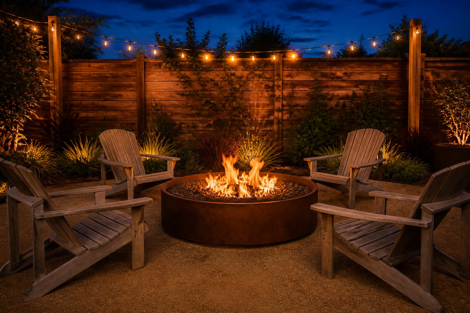 Corten steel fire pit glowing at dusk surrounded by four Adirondack chairs on decomposed granite with string lights overhead