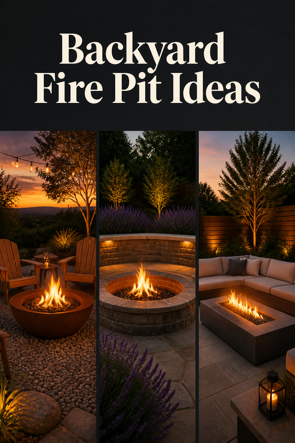 Three backyard fire pit styles side by side: corten steel bowl on gravel, built-in brick with curved stone bench, and propane fire table with sectional seating