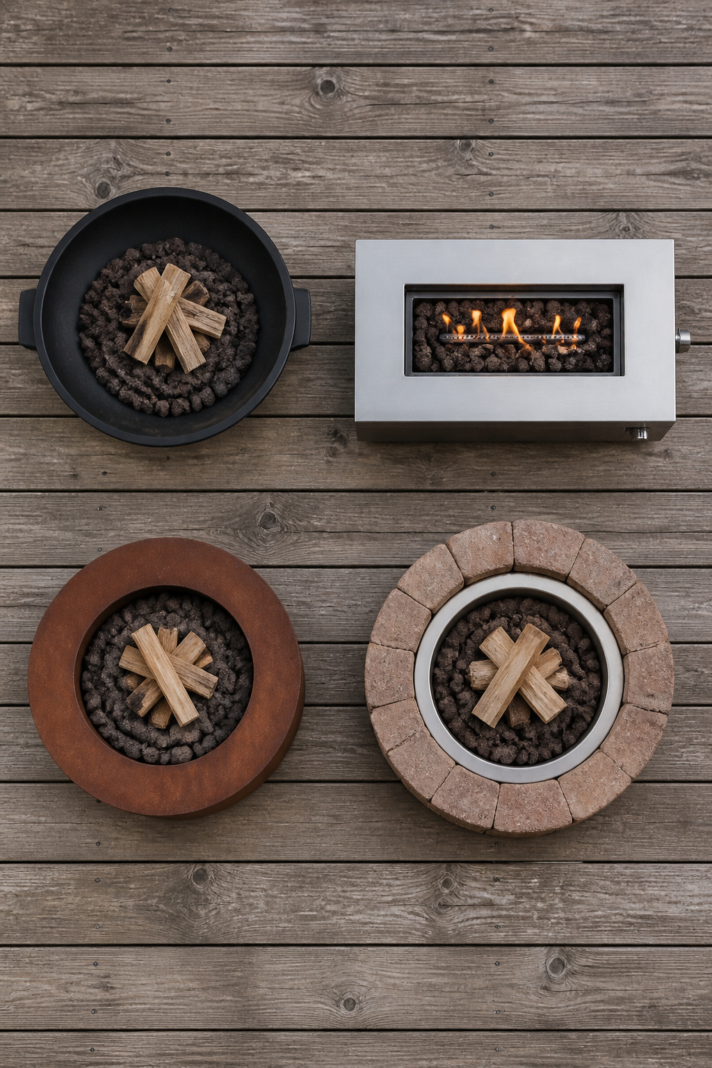 Overhead flat-lay of four backyard fire pit types — cast iron bowl, propane table, corten steel ring, and brick ring — on a cedar surface