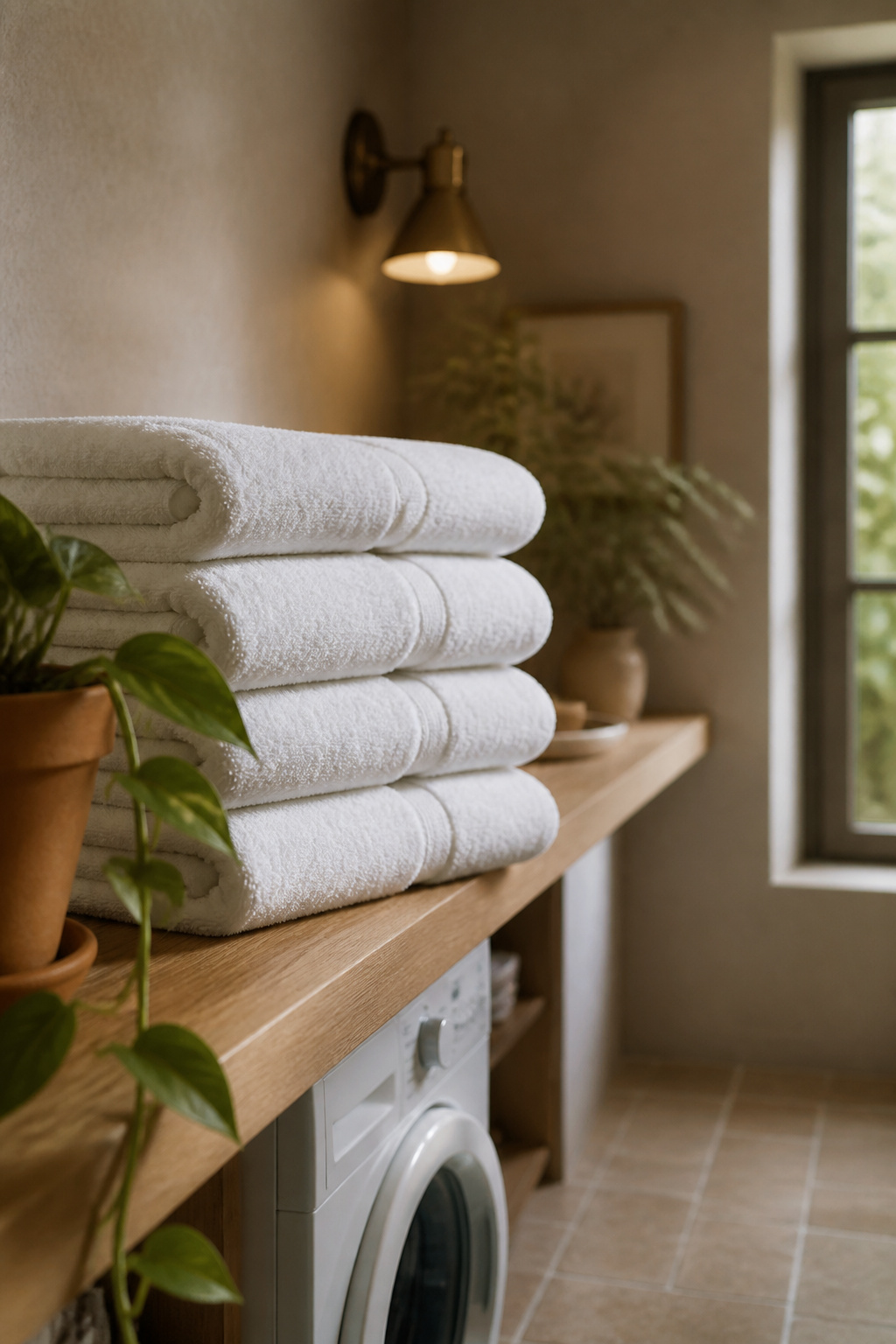 Folded towels on an open shelf above a bare-floored laundry room before textiles are added