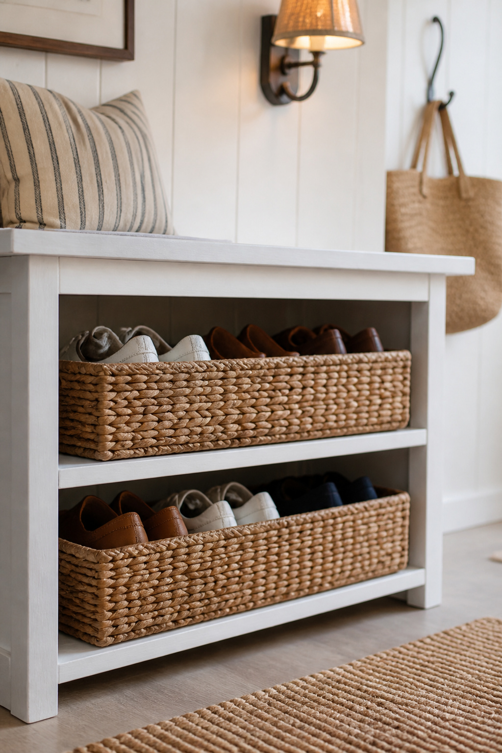 White entryway bench with two open shelves holding large woven seagrass baskets filled with shoes
