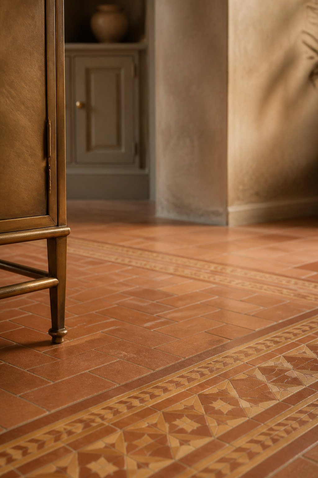 Small-format basketweave terracotta kitchen floor tile framed by a patterned encaustic border in ochre and burnt sienna