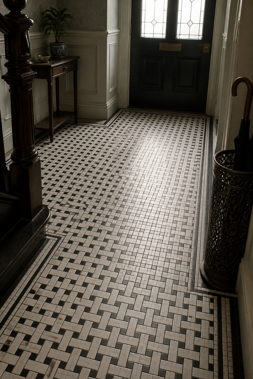 Edwardian entryway floor with a white and black basketweave mosaic tile pattern, small-format unglazed ceramic tiles creating a woven texture